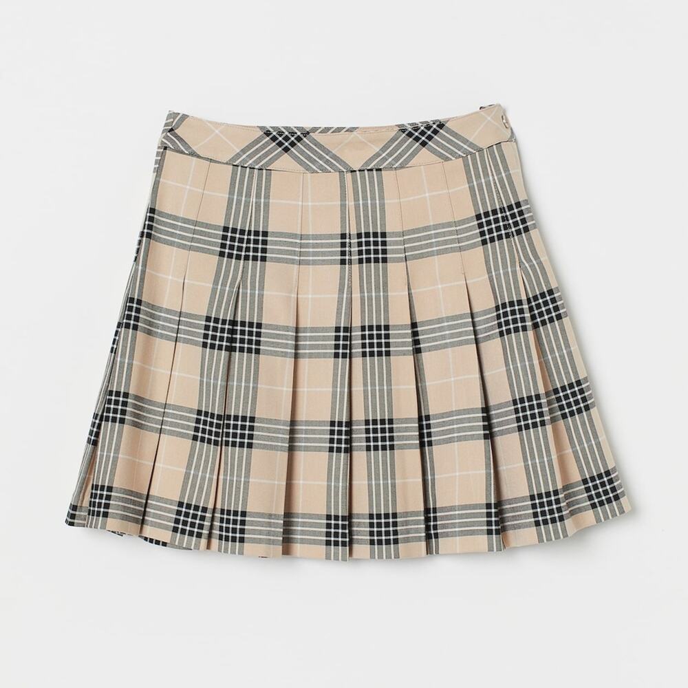 H&M Cream and Blue Pleated Skater Mini Skirt